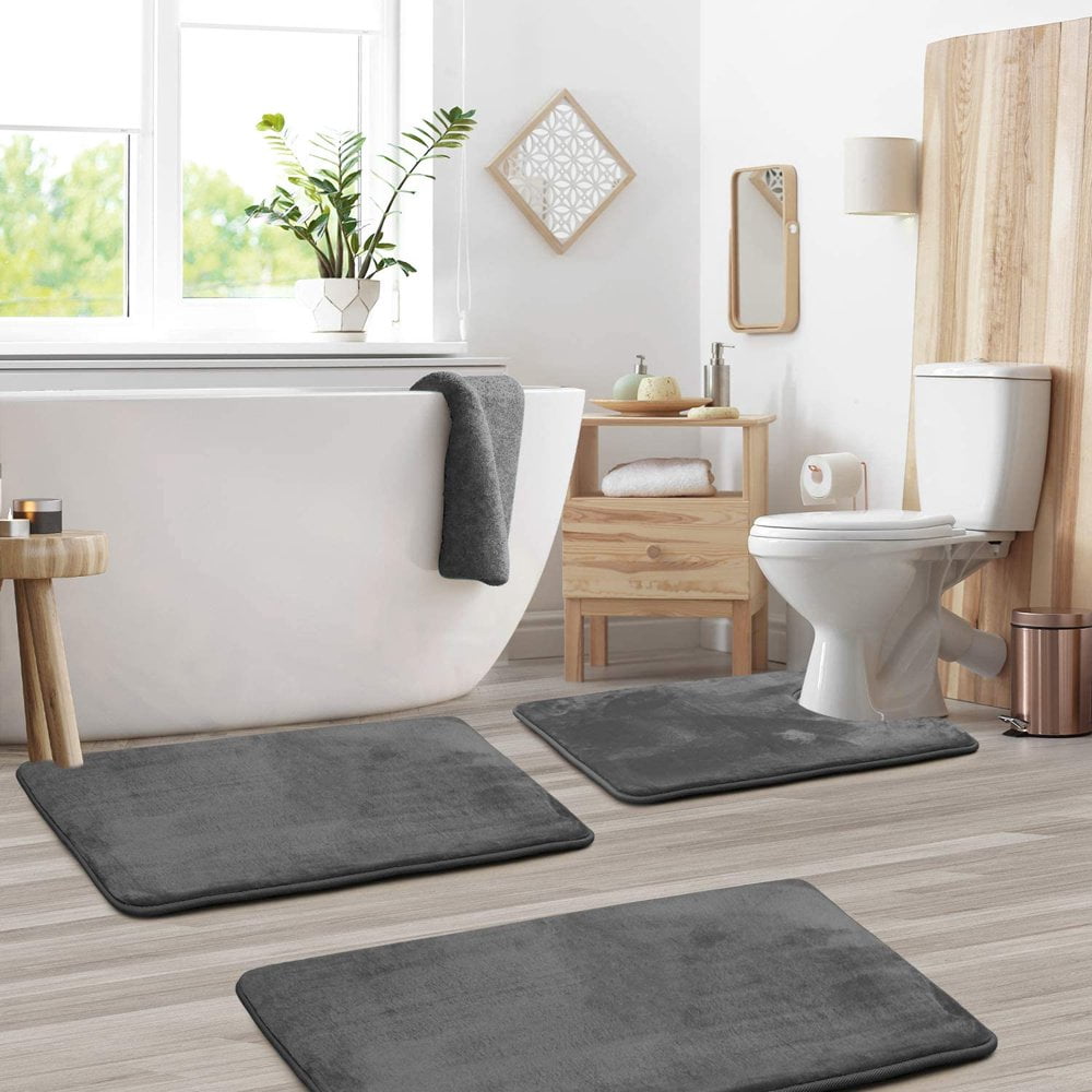 3 Pieces Bathroom Rugs Set  Includes U-Shaped Contour Toilet Mat  Bath Mat and Toilet Lid Cover  Machine Washable Bath Rugs for Bathroom  Tub  Shower
