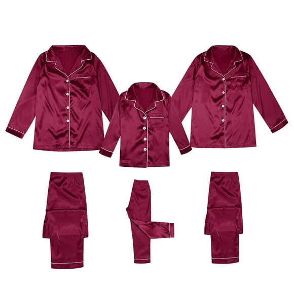 Satin Silk Button Down Christmas Pajamas for The Family Pajamas Pj's Sets Solid Plaid Pajamas for Family Two Piece Family Matching Sleepwear Loungewear Long Sleeve Silk Nightwear Wine2