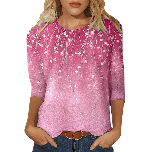 Hauts d'Été pour Femmes Imprimé Décontracté à Sequins Col Rond Manches Longues T-Shirts pour Femmes Rose Clair L