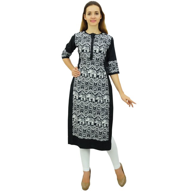 Phagun Kurta Droite Noire de Designer pour Femme, Manches 3/4, Kurti Décontractée Imprimée-10