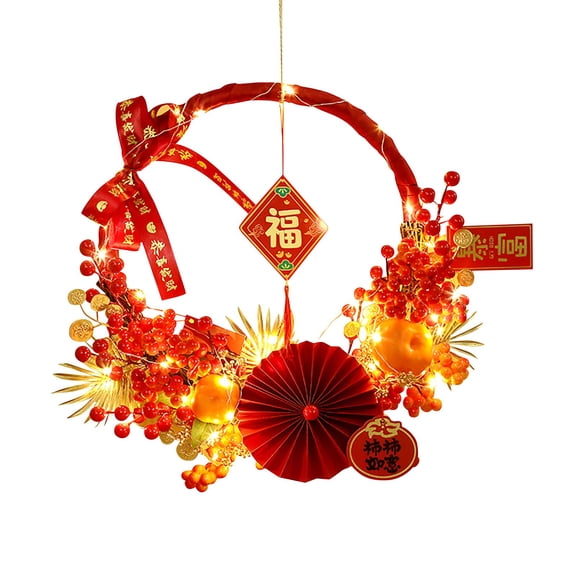 Couronne Porte d'Entrée pour l'Année 2024 et Festival du Printemps LED Baie Rouge Maison Extérieur Foyer Mural Suspendu Festif Saisonnier Arrangement Floral de Porte d'Entrée