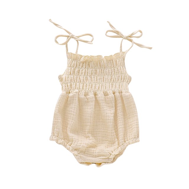 Kmbangi Infant Summer Cotton Sling Romper Lace Up Stretch Ruched Jumpsuit