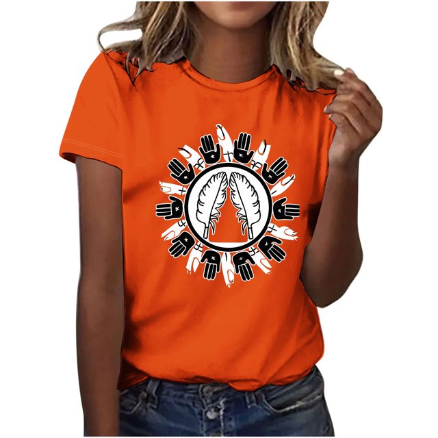 Dadaria Hauts pour Femmes Chemise Orange Manches Courtes T-Shirt Col Rond Été Imprimés de Main Chandail Blouses S