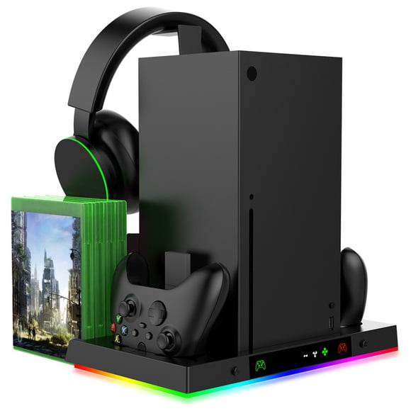 Support de Ventilateur de Refroidissement Station de Recharge pour Manette de Console Xbox Series X avec Lumière Couleur RVB à 15, Station de Charge Double Accessoires de Rangement avec Système de Ventilateur de Refroidisseur à 3 Niveaux