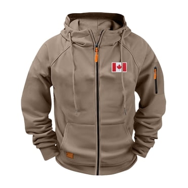 Fengqque Chandails à Capuchon pour Hommes à Fermeture Éclair Chandail à Capuchon Léger Chandail Drapeau Canadien Vestes Décontractées Mode Hauts d'Automne avec Poches Zippées Brun TTTTG(TTTTG)