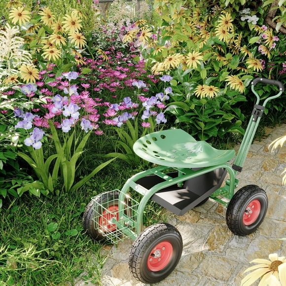 EDTara 360° Swivel Garden Seat on Wheels, Mobile Gardening Stool with Utility Tool Tray and Storage Basket