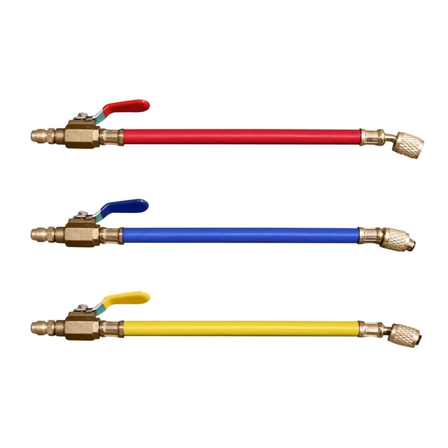 Duracool® Manifold Hose Shut Off Ball Valves set of three with red, blue, and yellow synthetic hoses, each equipped with a brass ball valve and color-coded lever handle for high, low, and install pressure, designed for manifold set hoses in air tools and compressors, compatible with multiple refrigerants.