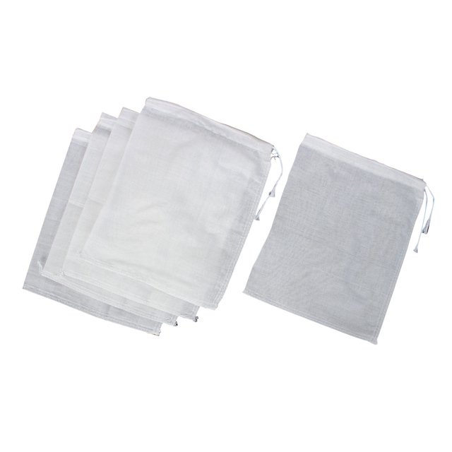 Unique Bargains Kitchen Reusable Nut Milk Coffee Sprouting Juice Soup Food Filter Bag, a set of 5 white cloth bags measuring 18 x 22 cm (7 x 8.7 inches). Designed for making clear soup, nut milk, raw food preparation, and fresh fruit or vegetable juices. Heat-resistant in boiling water and reusable, these durable filter bags are easy to clean and ideal for kitchen use.