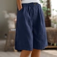 thumbnail image 2 of Timegard Wide Leg Shorts for Women Cotton Linen Elastic Waist Button Loose Solid Color Knee Length Pants, 2 of 7