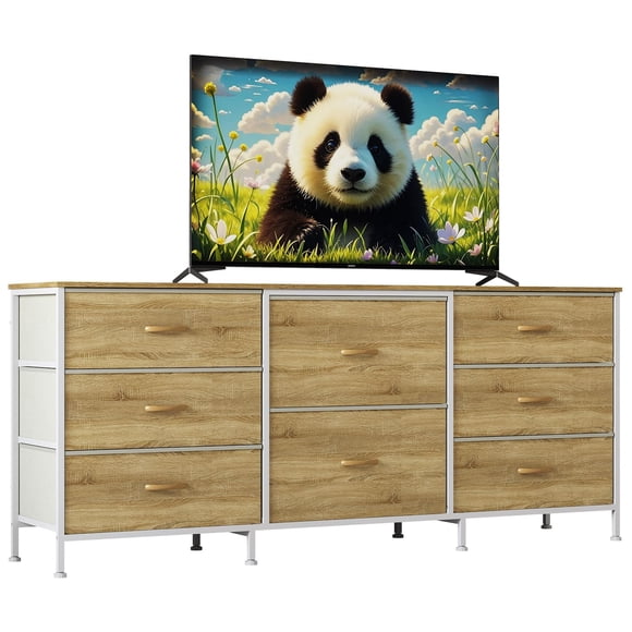 GloryStar Bedroom and Living Room TV Stand, 63" LED Dresser with 8 Fabric Drawers, Steel Frame, and Storage