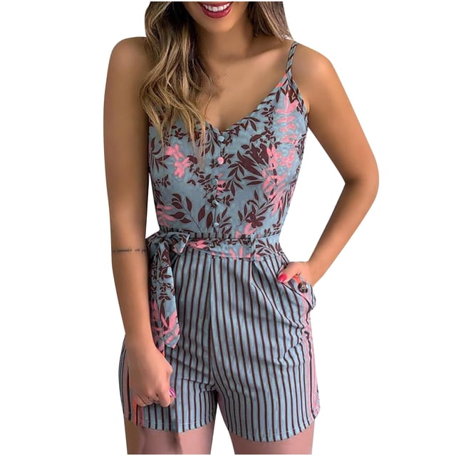 Pompotops Combinaison Courte à Bretelles Imprimée Feuilles et Rayures pour Femmes avec Ceinture et Poche