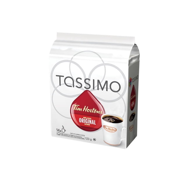 Tim Hortons Tassimo Ensemble de Dosettes de Café Mélange Original Contenant 14 Dosettes à Portion Individuelle de Café 100 % Arabica, Affichant le logo Tim Hortons Rouge et une Tasse Blanche de Café Infusé, Conçu pour Être Utilisé avec les Cafetières Tassimo.
