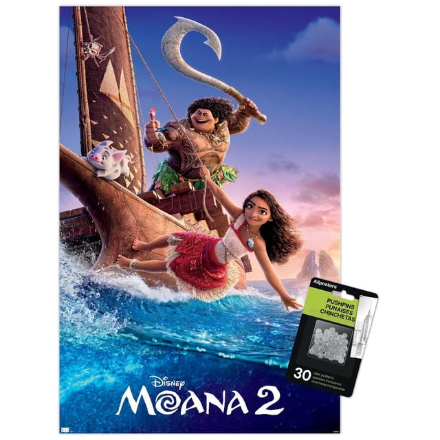 Disney Moana 2 - One Sheet Wall Poster, 22.375" x 34" framed, depicting Moana in a red and white Polynesian dress leaning over the side of a wooden sailing canoe on blue ocean waves. Maui stands behind her holding a large fishhook, with a pig and rooster on the boat's bow, under a colorful sunset sky. This framed poster is suitable for decorating bedrooms, offices, or dorms.