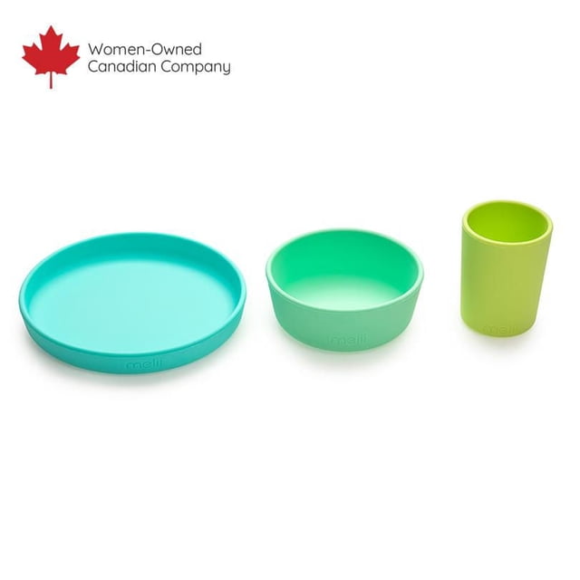 3 Piece 100% Silicone Feeding Meal Set with turquoise plate, mint green bowl, and lime green cup made of BPA-free silicone, dishwasher and microwave safe, suitable for children 6 months and older, displayed on a white background.