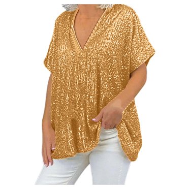 Lixiuxyad Long Sleeve T Shirt Women plus Size Women's Sequin V Neck T Shirt: Short Sleeve Loose Fit Casual City Style Top