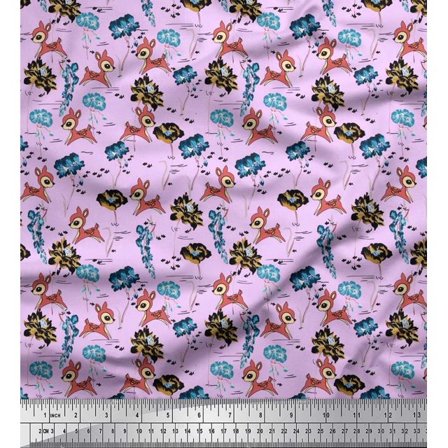 Soimoi Polyester Crepe Fabric Floral,Fish & Deer Cartoon Print Fabric by The Yard 52 Inch Wide