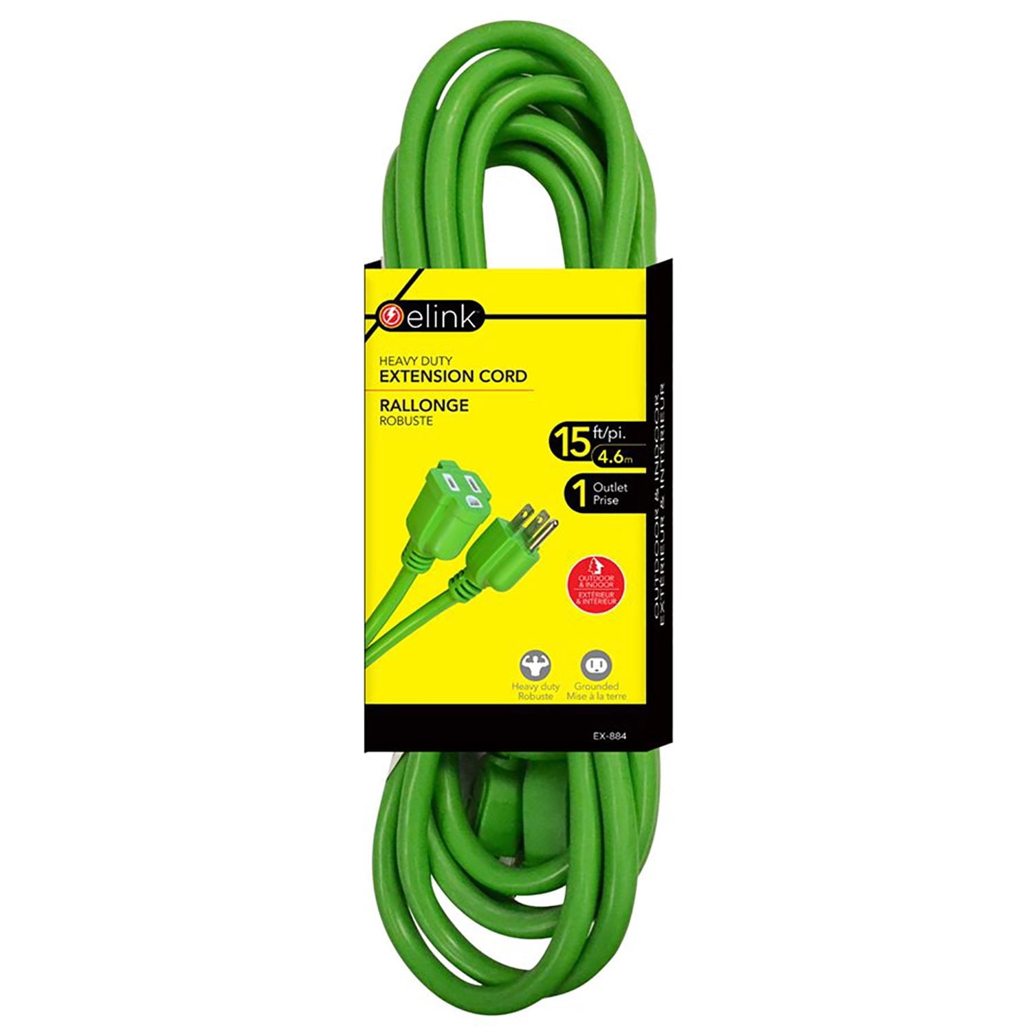 Elink - 1 Outlet Outdoor Electrical Extension Cord, 15 Feet Length, Green