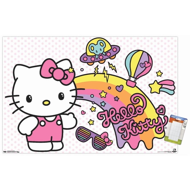 Hello Kitty - Affiche Murale Rétro Arc-en-Ciel, 14,725 Pouces x 22,375 Pouces Mettant en Vedette Hello Kitty en Salopette Rose et Nœud avec un Arc-en-Ciel Multicolore, des Étoiles, des Cœurs, une Montgolfière, un Ovni avec une Souris Bleue, et des Lunettes de Soleil à Rayures Arc-en-Ciel sur un Fond à Pois Rose Pâle, Convient pour Décorer des Chambres, des Bureaux Ou des Dortoirs.