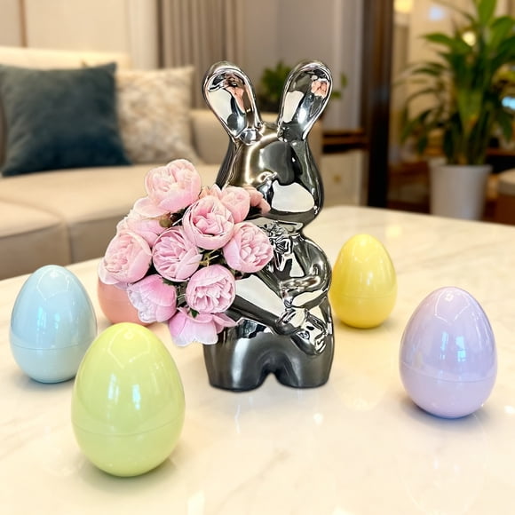 Sokhug Ceramic Bunny Vase – Cute Planter for Home & Office Decor, Modern Living Room & Shelf Accent, for Women & Anniversaries,Desk, Coffee Table & Bookshelf Decoration (Flower Color Random)
