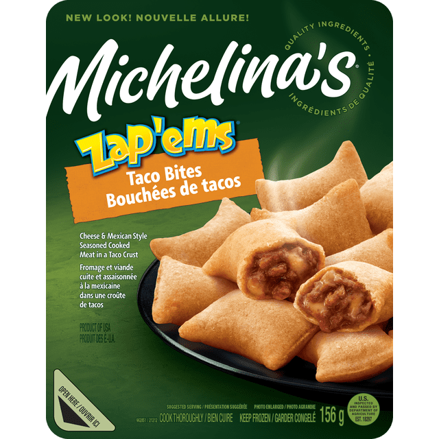 Michelina's Zap'ems Taco Bites showing golden brown taco crust snacks filled with Mexican style seasoned beef and cheese on a black plate, emphasizing frozen Mexican food quality and cooking instructions for the 156 g package, ideal as a quick snack or appetizer.