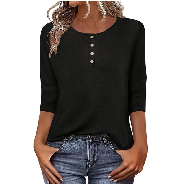 Lenpel Hauts pour Femmes à Manches 3/4 Printemps Été Col Ras du Cou Quart de Bouton T-Shirts Décontractés Tunique Tee Blouses