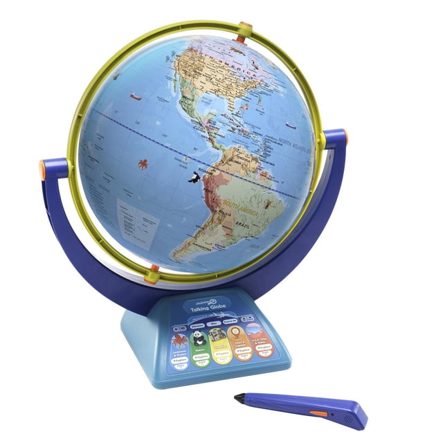 Educational Insights GeoSafari Jr. Talking Globe featuring a 12-inch dual-swivel globe on a blue base with interactive buttons and a smart stylus pen, displaying detailed maps of North and South America for interactive geography and animal learning with over 10 hours of audio.