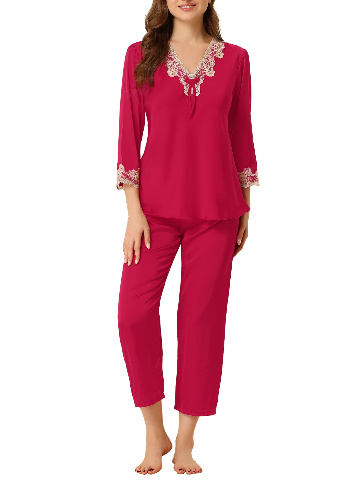 INSPIRE CHIC Pyjama de Nuit en Satin pour Femme, Ensemble de Détente en Dentelle à Col en V, TP, Rouge