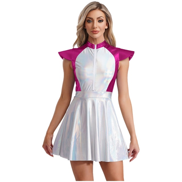 iiniim Costume d'Alien de l'Espace pour Femmes, Tenue de Cosplay de Robot Astronaute à Paillettes, Robe Trapèze Évasée Mini, Rose Vif, P