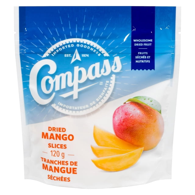 Compass Dried Mangoes 120 g resealable pouch with blue and white gradient background, featuring the Compass logo and an image of a whole mango with three dried mango slices, labelled as wholesome dried fruit ideal for cereals, salads, yogurt, trail mixes, or snacking on their own.