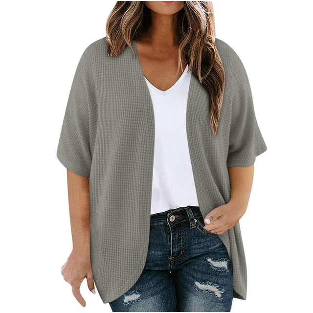 Plebaso Womens Plus Size Cardigan Short Sleeve Summer Cardigans Open Front Casual Blouses with Pockets