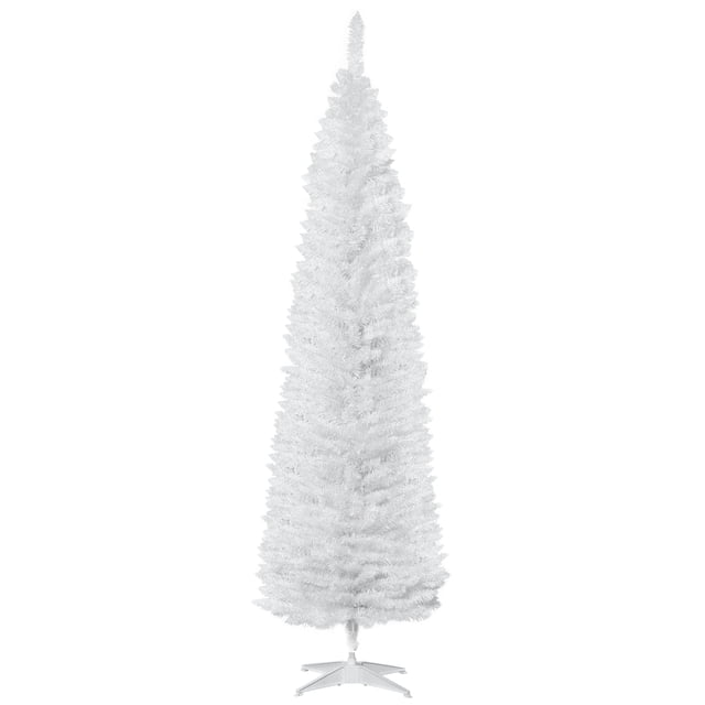 HOMCOM 7' Artificial Christmas Tree with a slim pencil style and realistic white branches, supported by a detachable plastic base. The tree measures 84 inches in height and 21.75 inches in diameter, featuring 499 tips for a full and lush appearance. Suitable for holiday décor and small spaces.