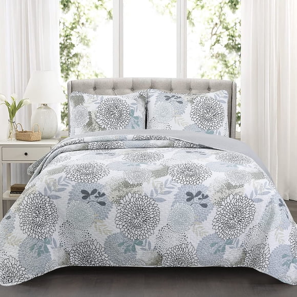 Cozy Line Home Fashions Nina Trista Flowers Aqua Blue Tape Grey Floral Print 100 % Cotton Reversible Quilt Bedding Ensemble, Bedspread Coverlet (Aqua Blue, Très Grand - 3 Piece)