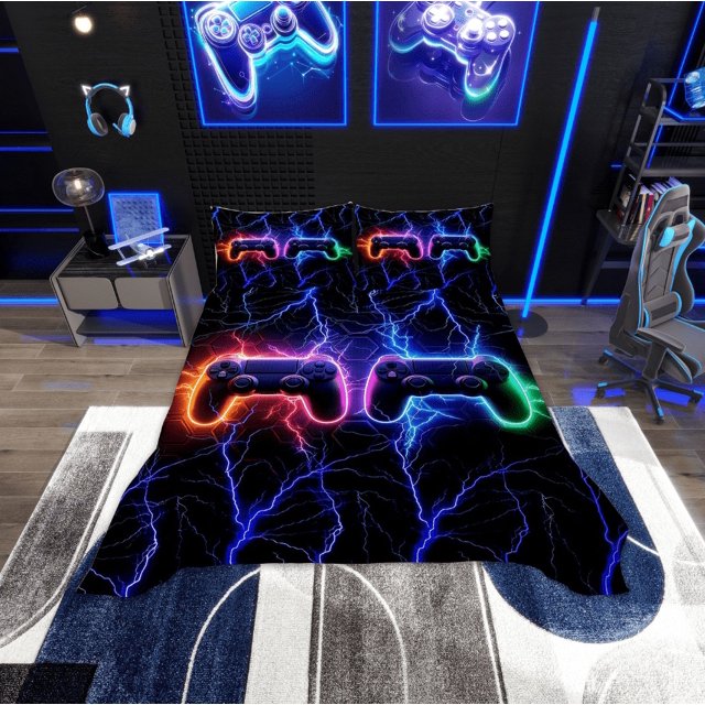 Erosebridal Teens Video Game Coverlet Set King, Gradient Blue Lightning Bedding Set, Ultra Soft 3-Piece