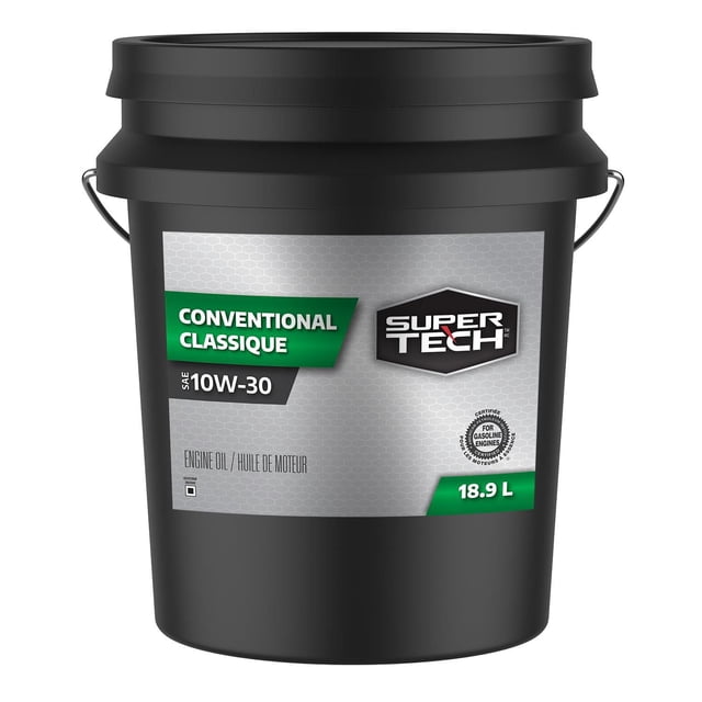 SuperTech Conventional SAE 10W-30 18.9L Pail showing a black plastic pail with handle and gray label with green and black accents, containing conventional engine oil that protects against engine wear and controls sludge for gasoline engines.