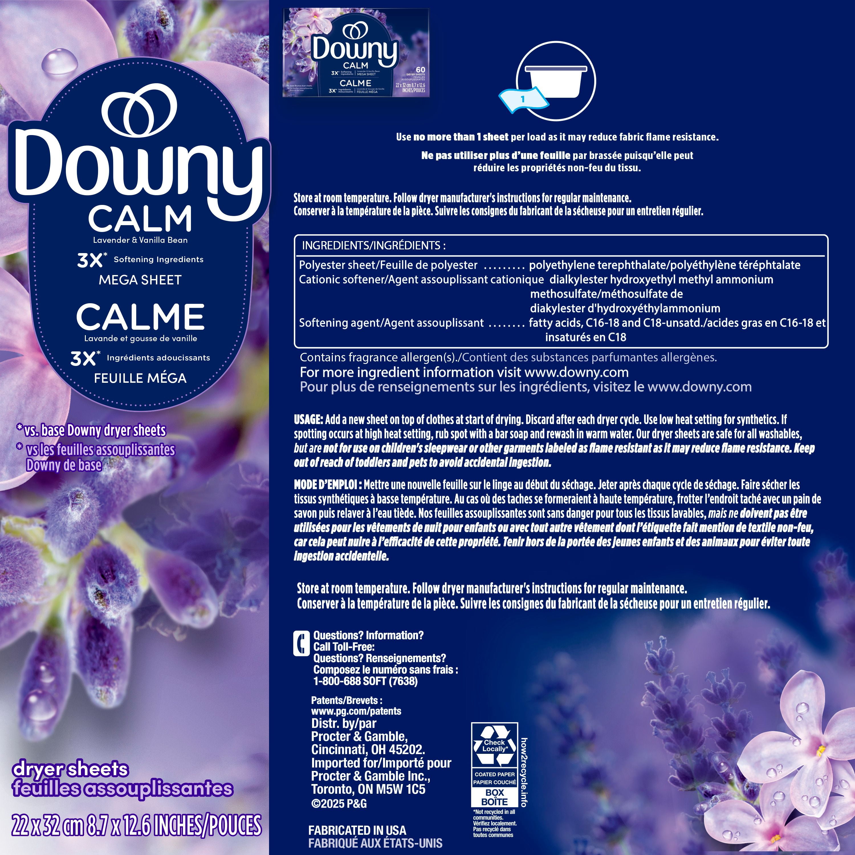 Downy Calme, Feuilles Assouplissantes Méga pour Sécheuse, Assouplissant pour la Lessive, Lavande et Gousse de Vanille 120CT