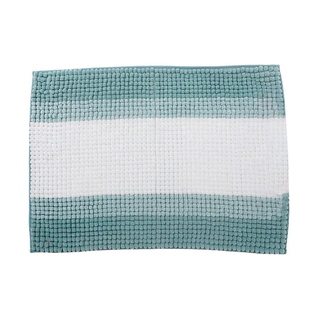 Tapis de Bain en Chenille à Rayures 20X28 Turquoise de Forme Rectangulaire et Tissu en Chenille Pelucheux avec Rayures Horizontales Turquoise et Blanches, Conçu pour la Douceur et l'Absorption avec un Dessous Antidérapant, Convient aux Planchers de Salle de Bain et Est Souvent Utilisé comme surface Douce pour les Aires de Repos des Animaux.