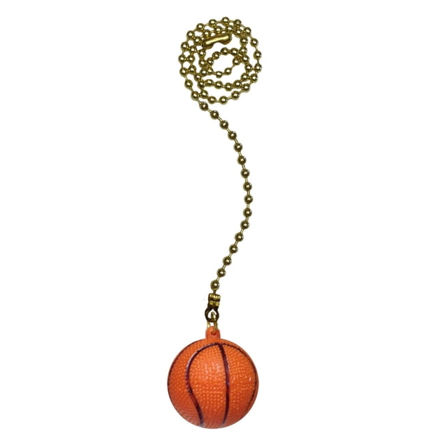 Atron Electro Industries 12 Inch Basketball Fan Pull Chain with a gold-tone 12-inch beaded chain and an orange textured basketball pull featuring black lines, suitable for ceiling fan accessories and sports-themed room decor.