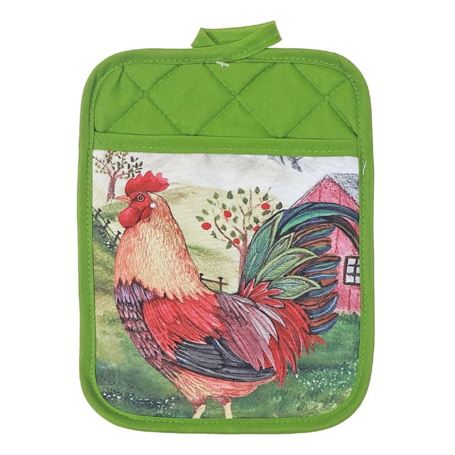 Pot Holder With Pocket Roosters - Set of 6 featuring a green quilted polyester pot holder with a front pocket displaying a colorful rooster design in a farm setting, offering heat protection and a secure grip for kitchen tasks.