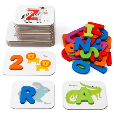 Coogam Ensemble de Cartes Éclair Chiffres et Alphabet - Lettres et Chiffres en Bois ABC, Carte Animale, Plateau, Jeu de Correspondance, Casse-Tête, Jouets Éducatifs Montessori, Cadeau pour Enfants de 3 Ans, Préscolaire et Plus