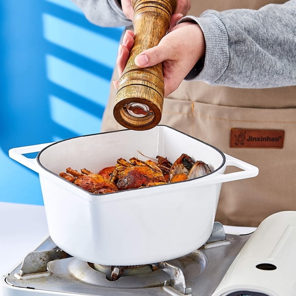 3 Quart cast Iron Enameled Dutch Oven Modern Squoval Shaped Design, with Stainless Steel Knob, White with Blue Lid