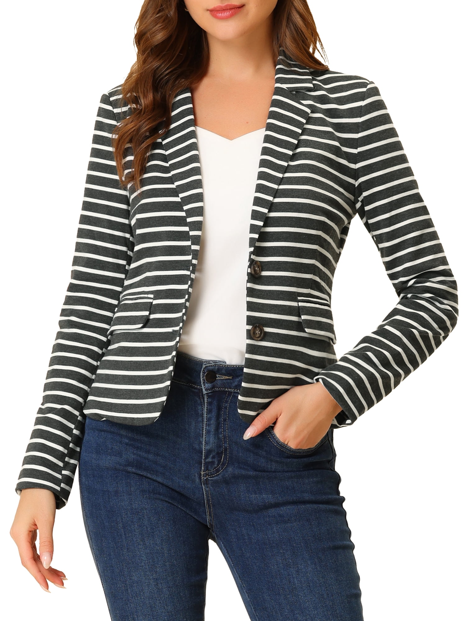 INSPIRE CHIC Women's Notched Lapel Long Sleeves Button Striped Blazer Grey White L