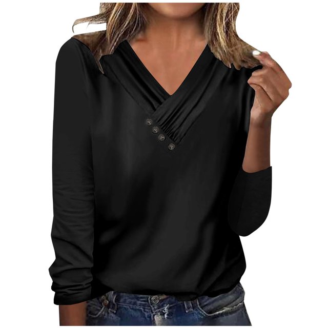 Timegard Womens Tops V-Neck Ruched Button Long Sleeve Solid Color Comfy Tee Dressy Casual Tunic Top