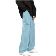 ShomPort Pants for Mens Full Length Wide Leg Elastic Waist Baggy Jeans with Multi-Pockets Solid Color Outdoor Comfort Streetwear