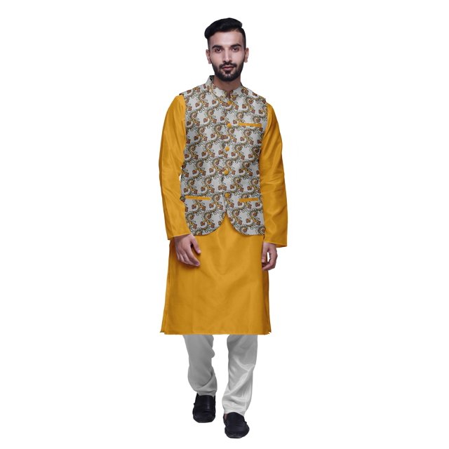 Atasi Kurta Pyjama Traditionnel Uni à Col Mandarin avec Ensemble de Veste Imprimée
