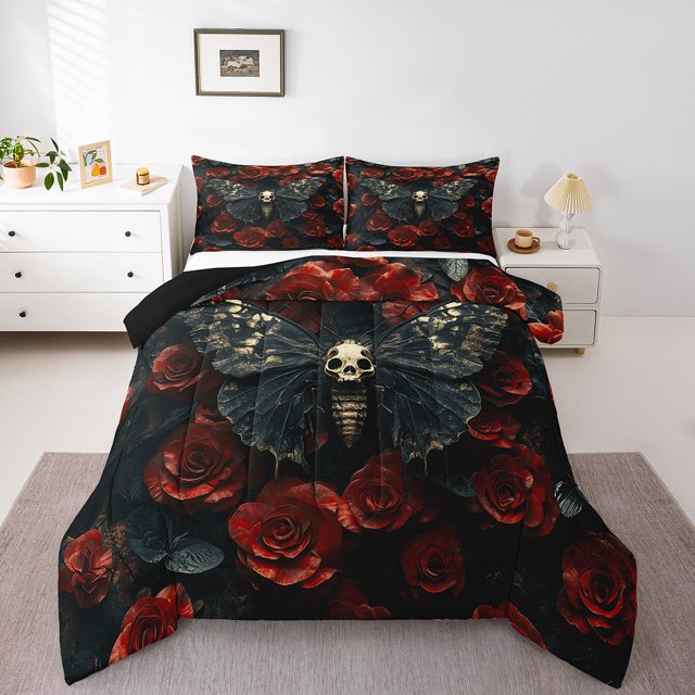 Moth Down Comforter Gothic Skull Floral Queen Comforter Set,Extoic Boho Decor Bedding Set Red Rose for Gilrs Women Lover Quilt Set