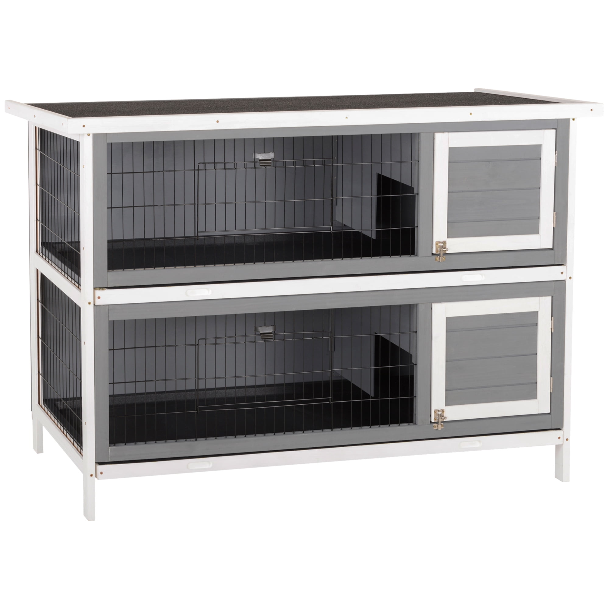 PawHut 2 Tier Rabbit Hutch Bunny Pet House Wooden Coop Run Grey & White