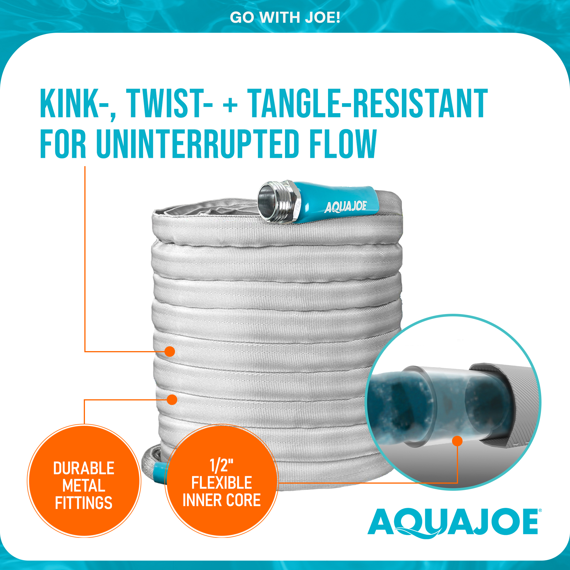 Aqua Joe 100 Ft,1/2In,FiberJacket,Kinkfree Garden Hose,Aluminium Fittings,600 PSI Rating