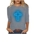thumbnail image 1 of RKSTN Hauts pour Femmes Mode Décontractée Imprimé Crucifix Col Rond Manches 3/4 T-Shirt Couleur Unie Ajusté Blouse Printemps Été, 1 of 4