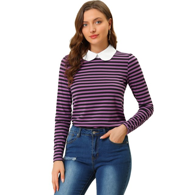 INSPIRE CHIC Hauts Contrastés à Rayures pour Femmes à Manches Longues avec Col Peter Pan