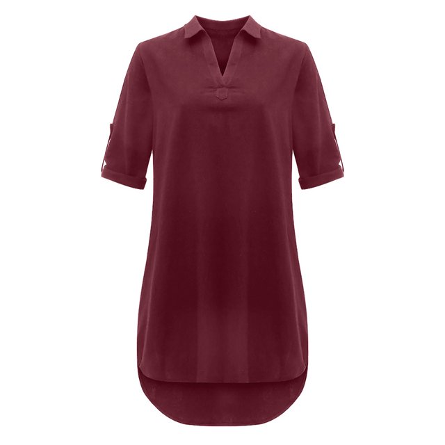 AherBiu Robe Courte d'Été Décontractée Basique à Manches 3/4 pour Femmes, Col à Revers en V, Ourlet Haut-Bas